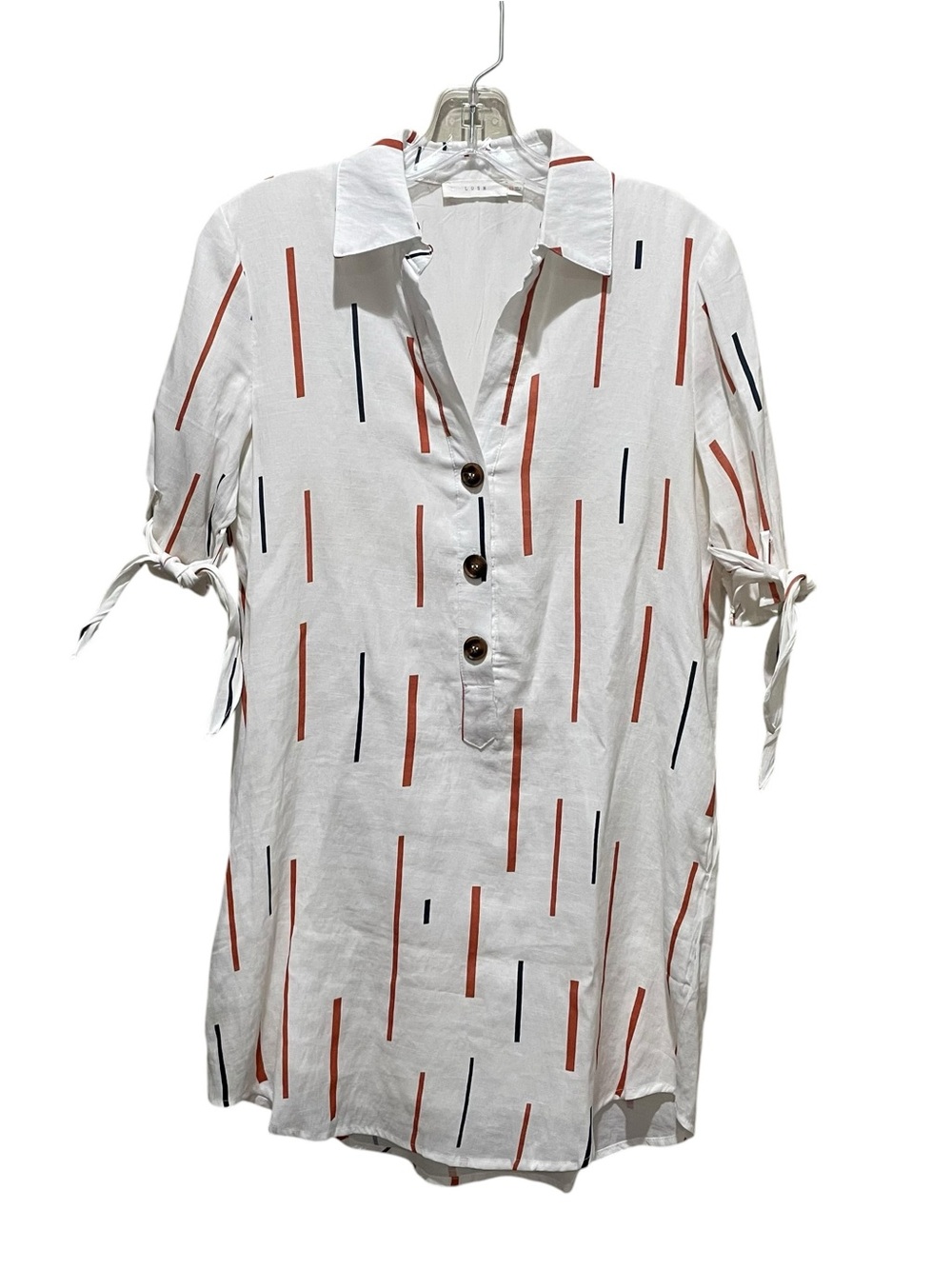 Lush Striped Shirt Dress Roll Tab Sleeve Button Front White Red Women’s Size XS